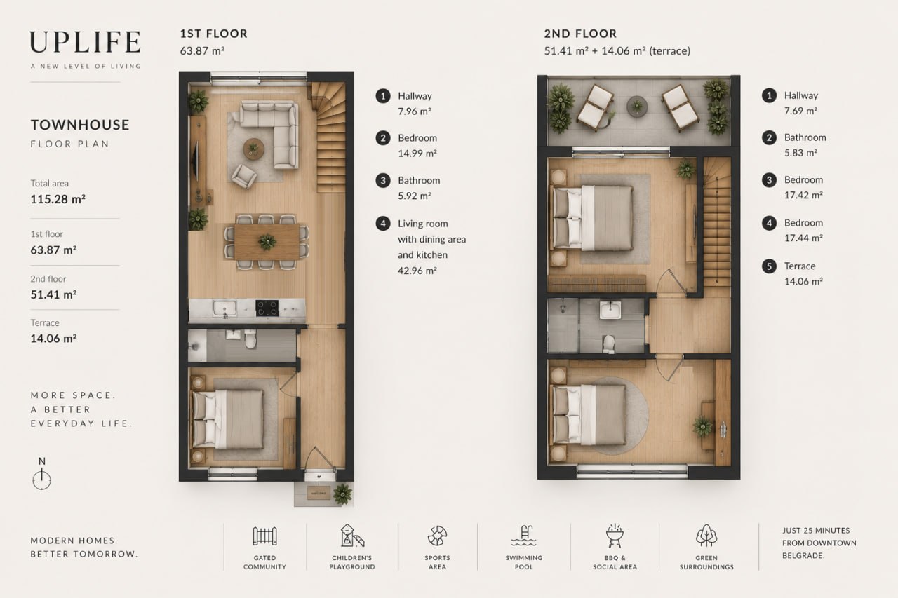Uplife townhouse floor plan — 115.28 m², two floors plus terrace
